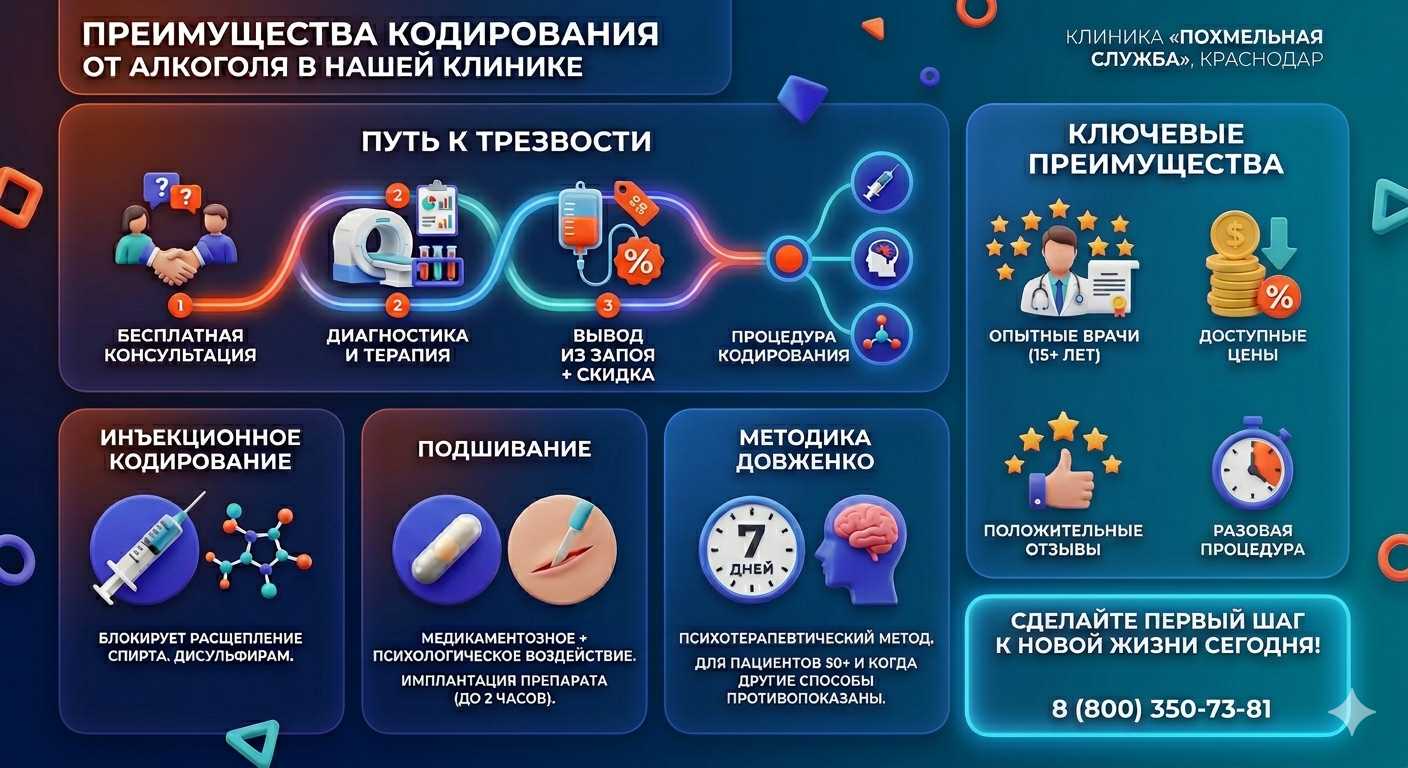 Инфографика о методах кодирования от алкоголя в Стройкерамике: инъекции, подшивание, метод Довженко. Преимущества клиники и этапы лечения.